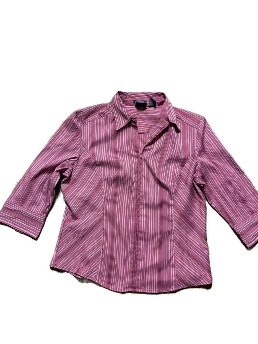 DCC Missy Easy Care Stretch Mauve Striped Zip Front 3/4 Sleeve Blouse